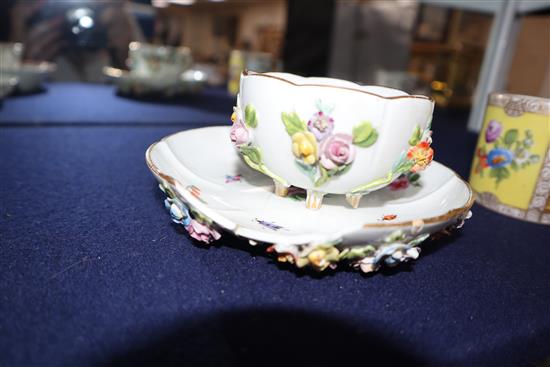 Four Meissen cups and three saucers, 18th and 19th century, cups 6.2 - 8.5cm diameter